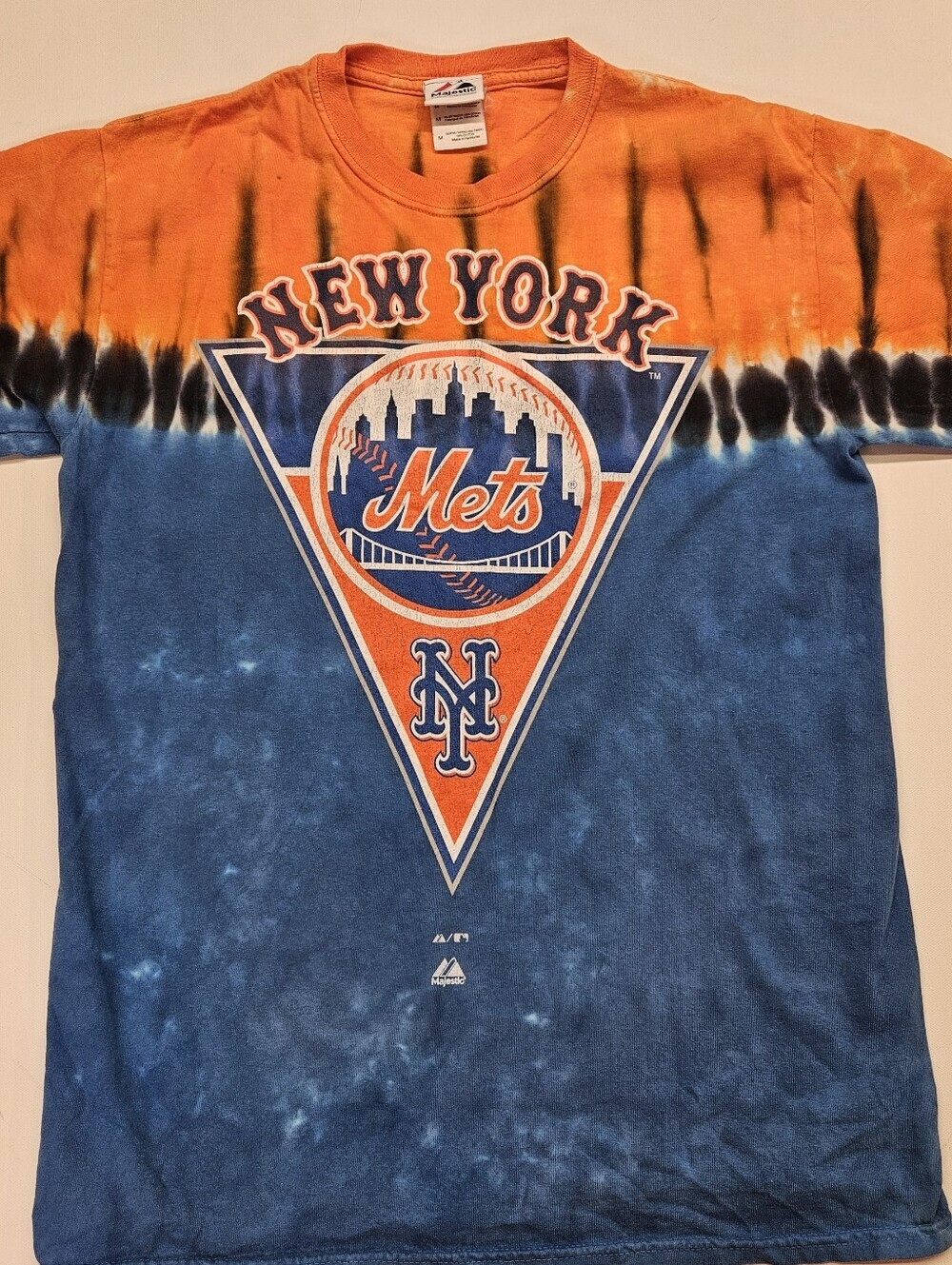 New York Mets T Shirt Mens Medium Blue Orange Tie Dye Majestic